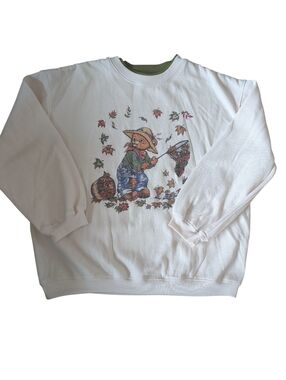 Vintage 90s Fall Autumn Leaves Bear Grandmacore Double Collar Sweatshirt Size L